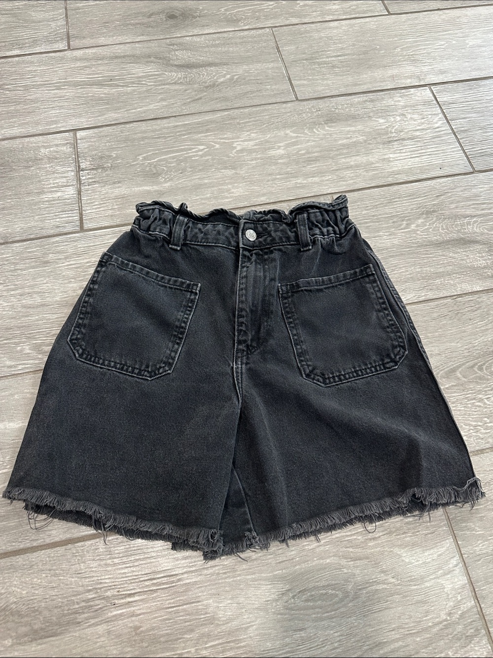 Zara Black Paperbag Waist Denim Shorts with Frayed Hem